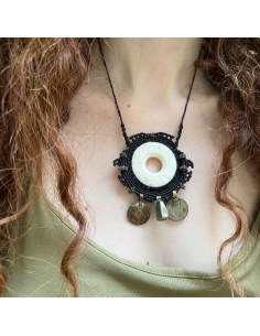 Macrame Necklace with Coins and Natural Stone 2